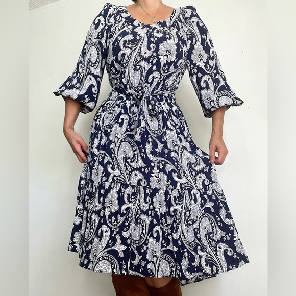 Fantastic Talbots Blue White Bohemian Dress High Low - Picture 7 of 8